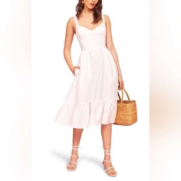 Reformation Dolci 100% Linen White Corset Dress Ruffle Hem Sleeveless Midi 4 - Picture 12 of 13